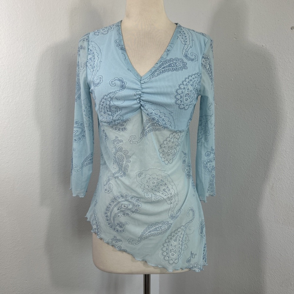 VTG Beware Top Womens M Blue Mesh Babydoll Fairycore Y2K Paisley Asymmetrical